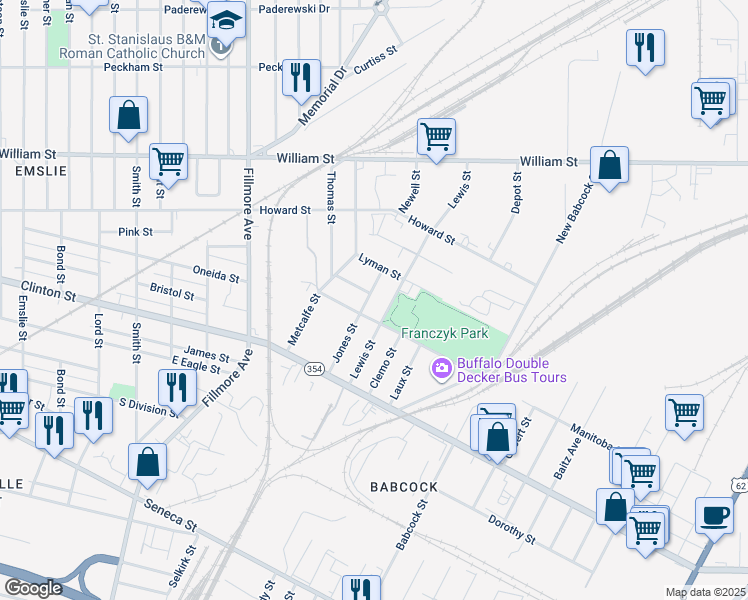 map of restaurants, bars, coffee shops, grocery stores, and more near 95 Jones Street in Buffalo