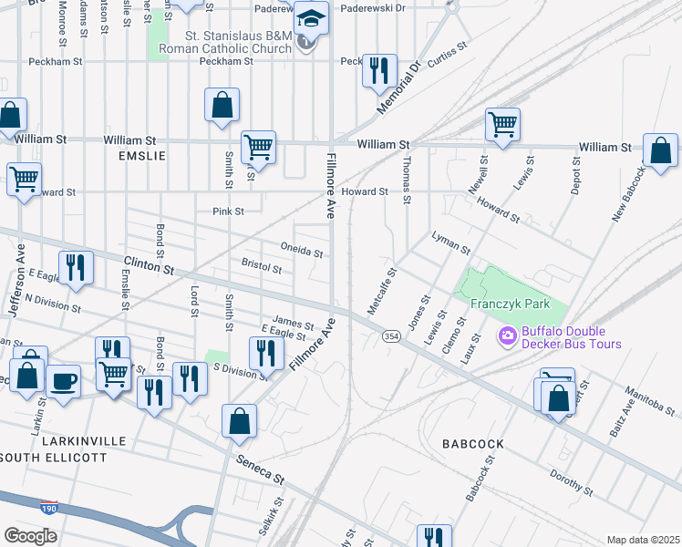 map of restaurants, bars, coffee shops, grocery stores, and more near 267 Fillmore Avenue in Buffalo