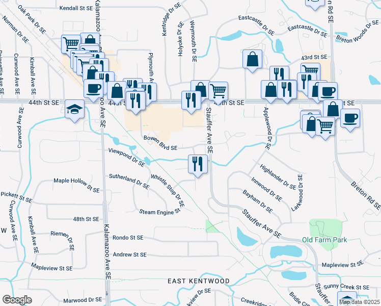 map of restaurants, bars, coffee shops, grocery stores, and more near 4581 Crosswinds Southeast in Kentwood