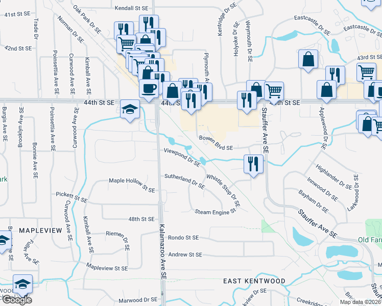 map of restaurants, bars, coffee shops, grocery stores, and more near 1675 Viewpond Drive Southeast in Kentwood