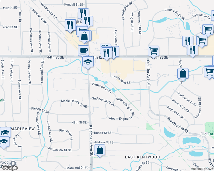 map of restaurants, bars, coffee shops, grocery stores, and more near 1675 Viewpond Drive Southeast in Kentwood