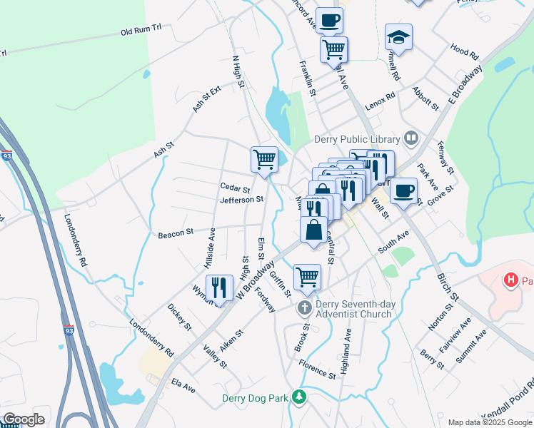 map of restaurants, bars, coffee shops, grocery stores, and more near 6 Elm Street in Derry