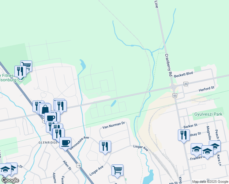 map of restaurants, bars, coffee shops, grocery stores, and more near 12 Braun Avenue in Tillsonburg