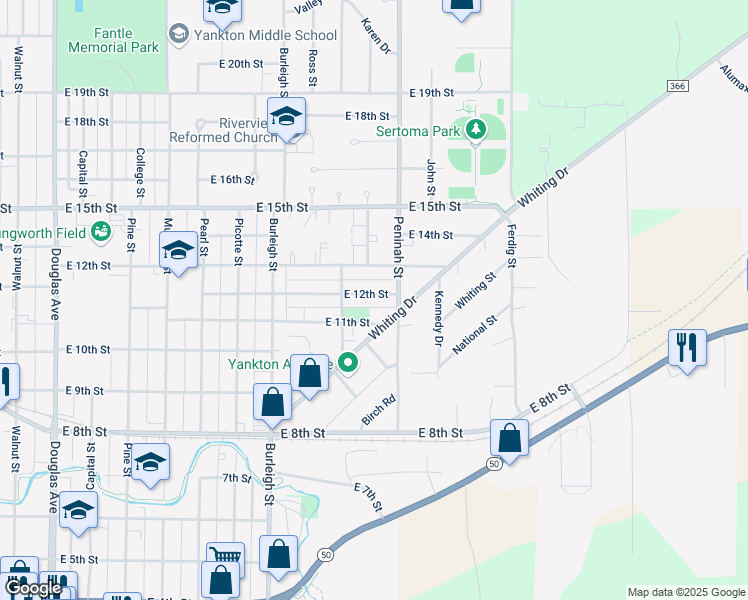map of restaurants, bars, coffee shops, grocery stores, and more near 1013 East 12th Street in Yankton
