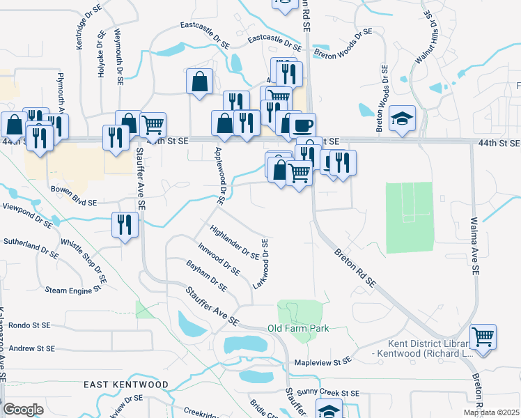 map of restaurants, bars, coffee shops, grocery stores, and more near 4555 Countrywood Court Southeast in Kentwood