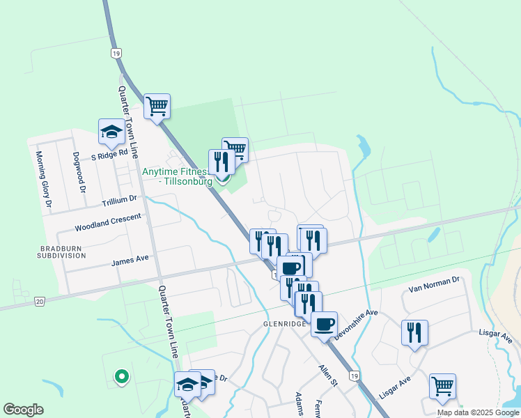 map of restaurants, bars, coffee shops, grocery stores, and more near 23 Wren Court in Tillsonburg