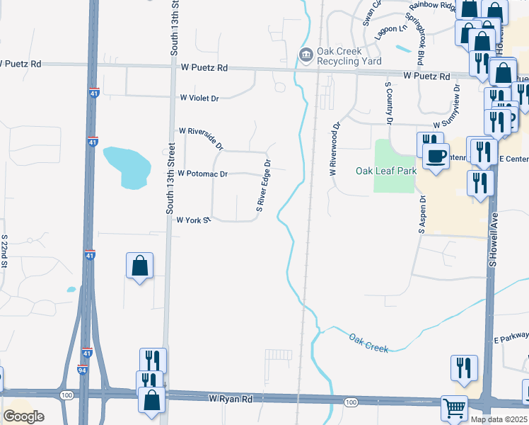 map of restaurants, bars, coffee shops, grocery stores, and more near 9036 South River Edge Drive in Oak Creek