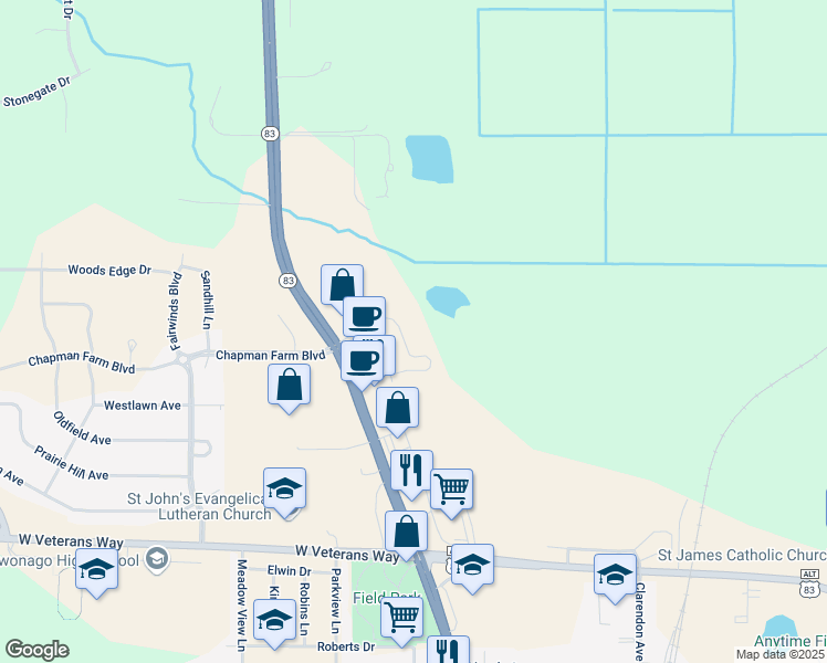map of restaurants, bars, coffee shops, grocery stores, and more near 1162 Black Bear Drive in Mukwonago