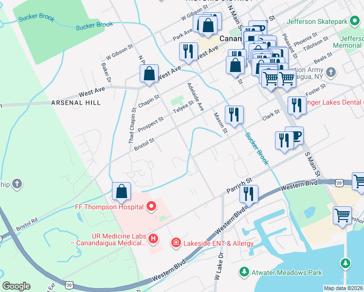 map of restaurants, bars, coffee shops, grocery stores, and more near 240 South Pearl Street in Canandaigua