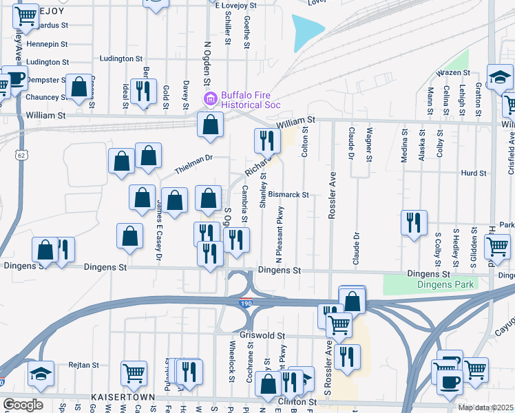 map of restaurants, bars, coffee shops, grocery stores, and more near 284 Shanley Street in Buffalo