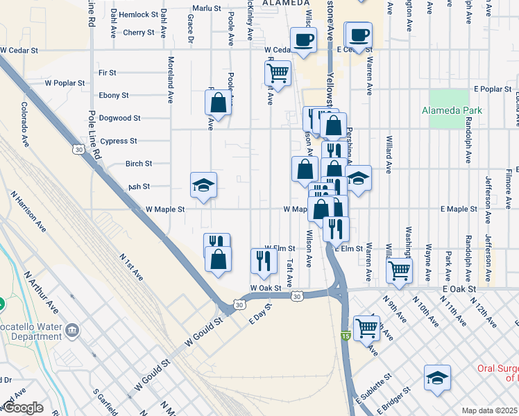 map of restaurants, bars, coffee shops, grocery stores, and more near 511 West Maple Street in Pocatello