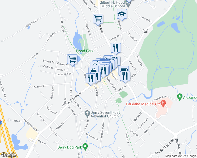 map of restaurants, bars, coffee shops, grocery stores, and more near 6 West Broadway in Derry