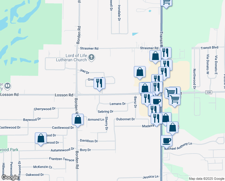 map of restaurants, bars, coffee shops, grocery stores, and more near 1424 Losson Road in Depew