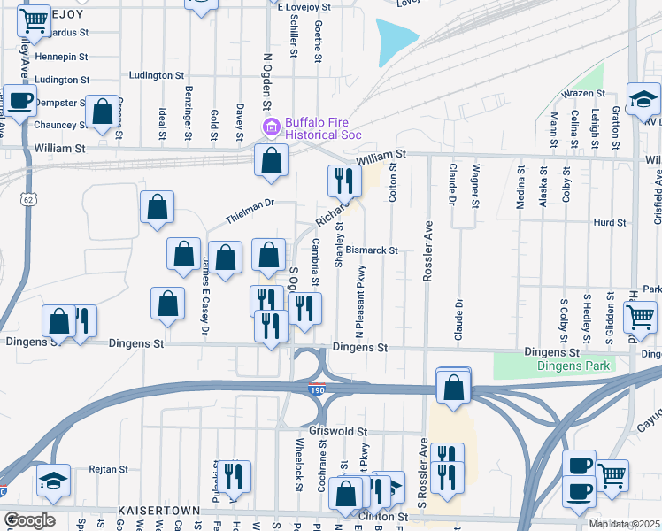 map of restaurants, bars, coffee shops, grocery stores, and more near 284 Shanley Street in Buffalo