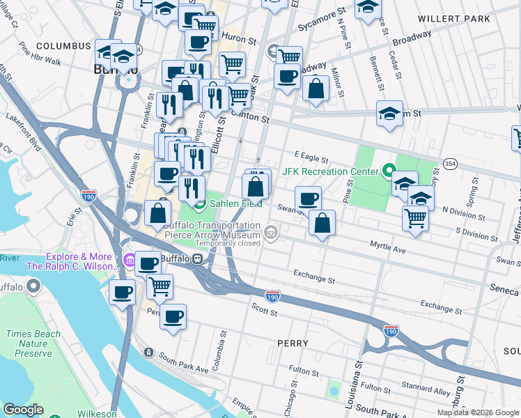 map of restaurants, bars, coffee shops, grocery stores, and more near 149 Swan Street in Buffalo