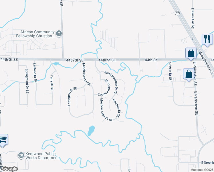 map of restaurants, bars, coffee shops, grocery stores, and more near 4559 Country Hill Drive Southeast in Kentwood