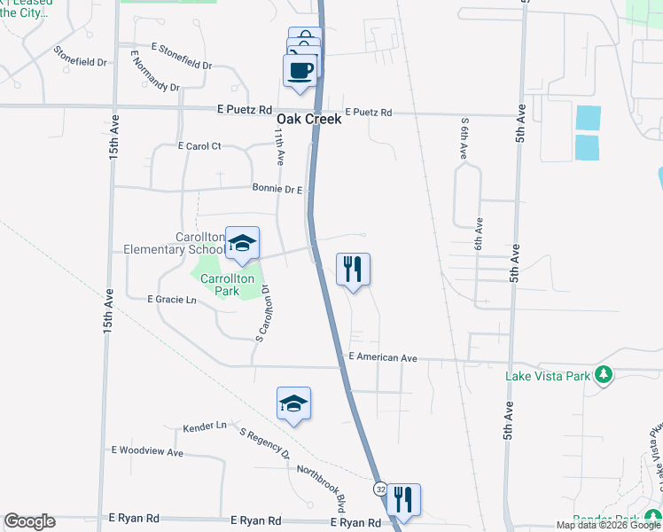 map of restaurants, bars, coffee shops, grocery stores, and more near 8990 South Chicago Road in Oak Creek
