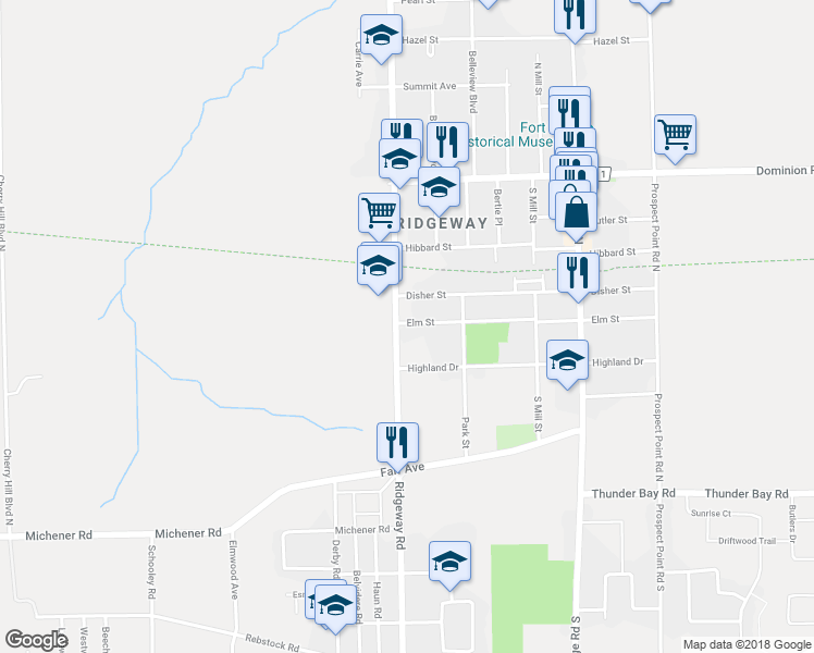 map of restaurants, bars, coffee shops, grocery stores, and more near 3863 Elm Street in Fort Erie