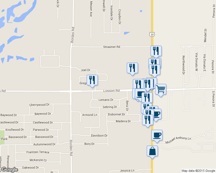 map of restaurants, bars, coffee shops, grocery stores, and more near 1424 Losson Road in Depew