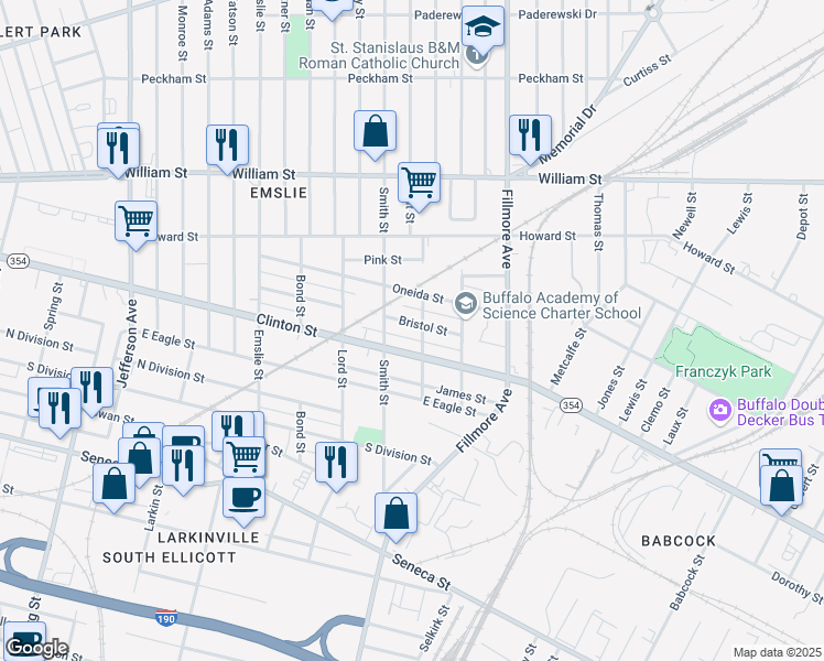 map of restaurants, bars, coffee shops, grocery stores, and more near 365 Bristol Street in Buffalo