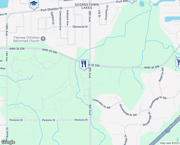 map of restaurants, bars, coffee shops, grocery stores, and more near 6127 8th Avenue in Grandville