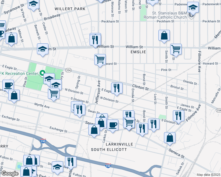 map of restaurants, bars, coffee shops, grocery stores, and more near 610 East Eagle Street in Buffalo