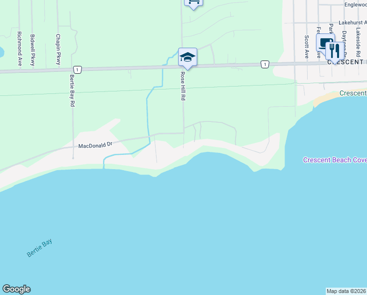 map of restaurants, bars, coffee shops, grocery stores, and more near 0 Rose Hill Road in Fort Erie