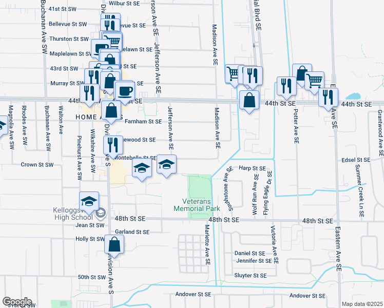 map of restaurants, bars, coffee shops, grocery stores, and more near 319 Montebello Street Southeast in Grand Rapids