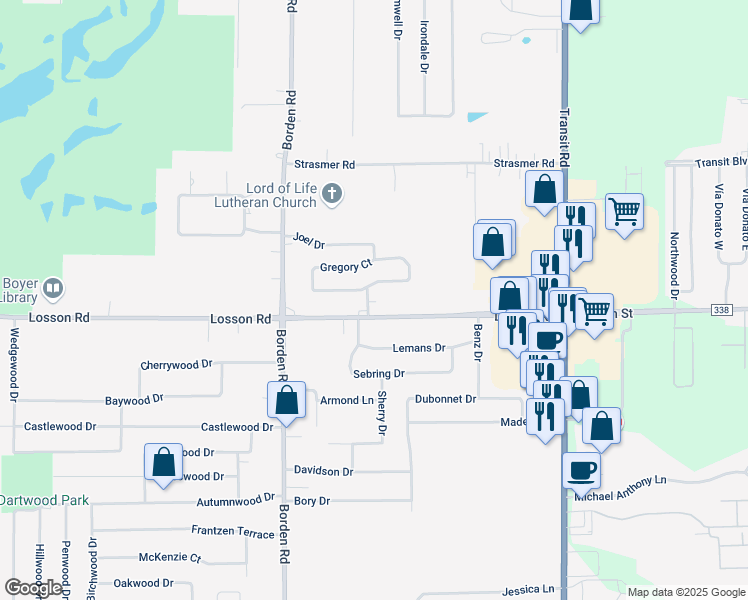 map of restaurants, bars, coffee shops, grocery stores, and more near 3 Jeffrey Drive in Depew