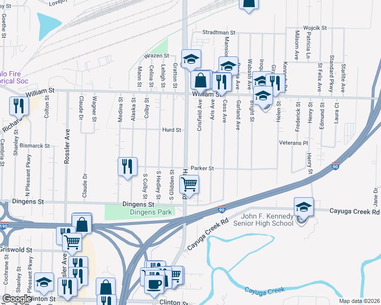 map of restaurants, bars, coffee shops, grocery stores, and more near 1369 Harlem Road in Cheektowaga