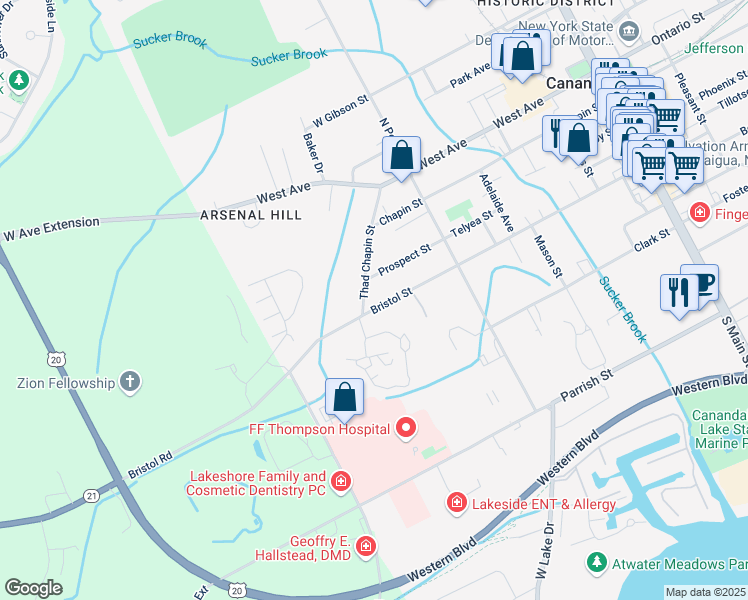 map of restaurants, bars, coffee shops, grocery stores, and more near 274 Bristol Street in Canandaigua
