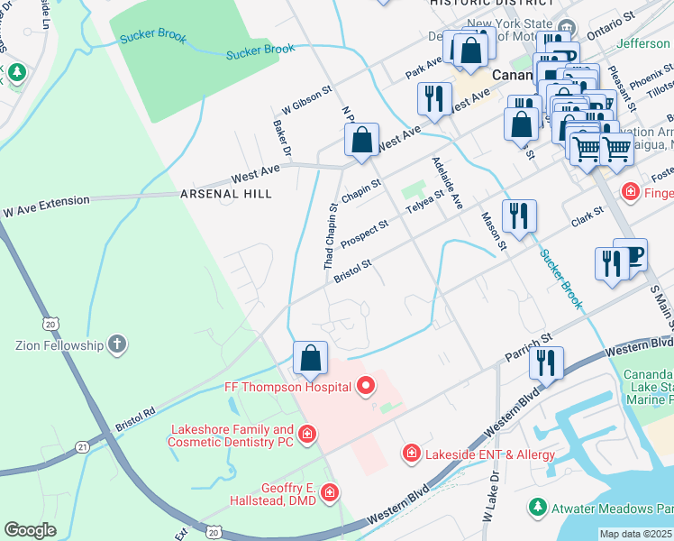 map of restaurants, bars, coffee shops, grocery stores, and more near 274 Bristol Street in Canandaigua