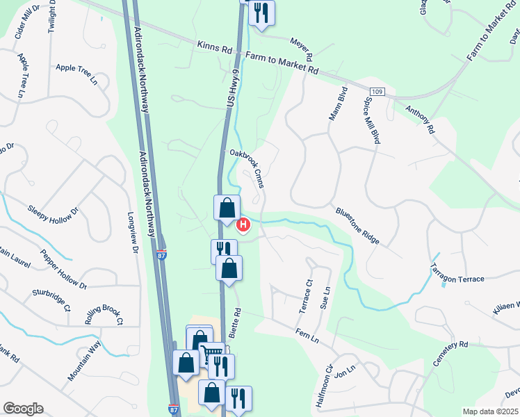 map of restaurants, bars, coffee shops, grocery stores, and more near 124 Oakbrook Commons in Saratoga County