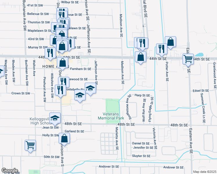 map of restaurants, bars, coffee shops, grocery stores, and more near 319 Montebello St SE in Grand Rapids