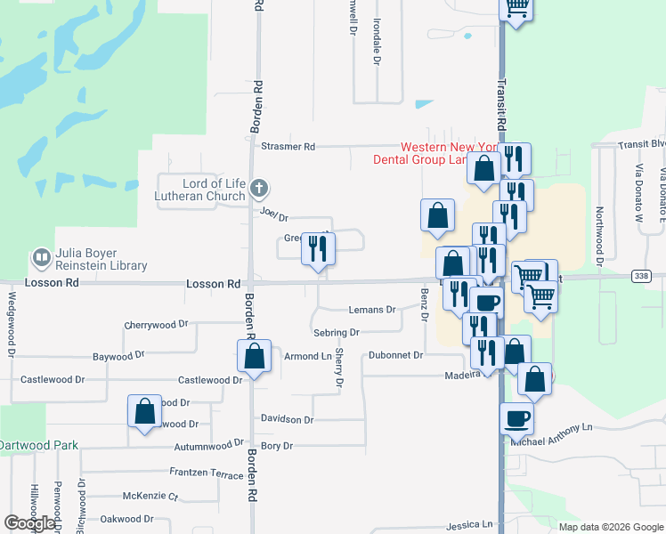 map of restaurants, bars, coffee shops, grocery stores, and more near 11 Jeffrey Drive in Depew