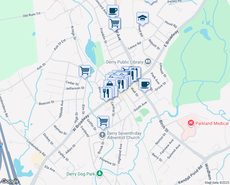 map of restaurants, bars, coffee shops, grocery stores, and more near 6 West Broadway in Derry