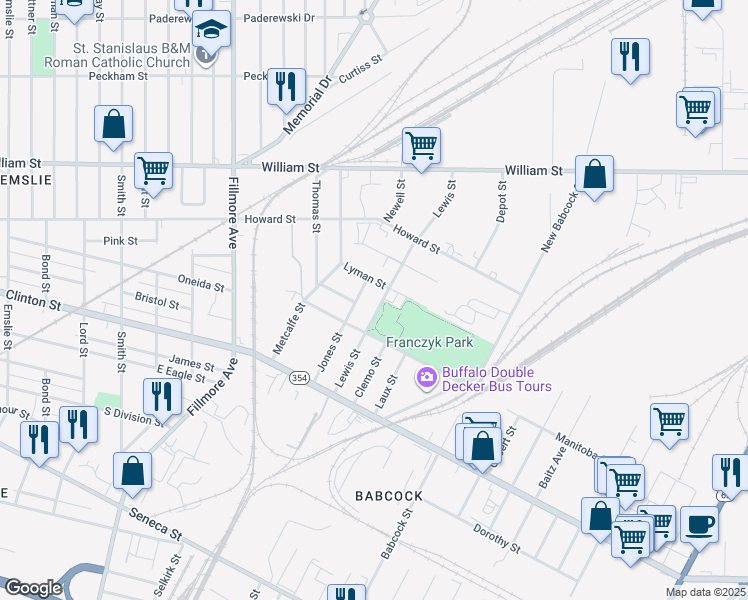 map of restaurants, bars, coffee shops, grocery stores, and more near 129 Lewis Street in Buffalo
