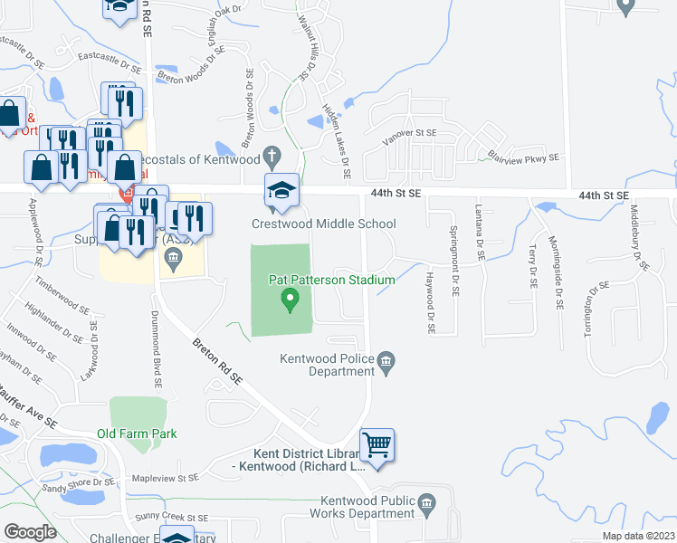 map of restaurants, bars, coffee shops, grocery stores, and more near 4603 Walma Avenue Southeast in Kentwood