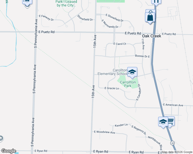 map of restaurants, bars, coffee shops, grocery stores, and more near 9011 South Leah Lane in Oak Creek