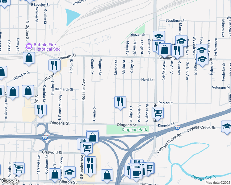 map of restaurants, bars, coffee shops, grocery stores, and more near 117 Medina St in Cheektowaga