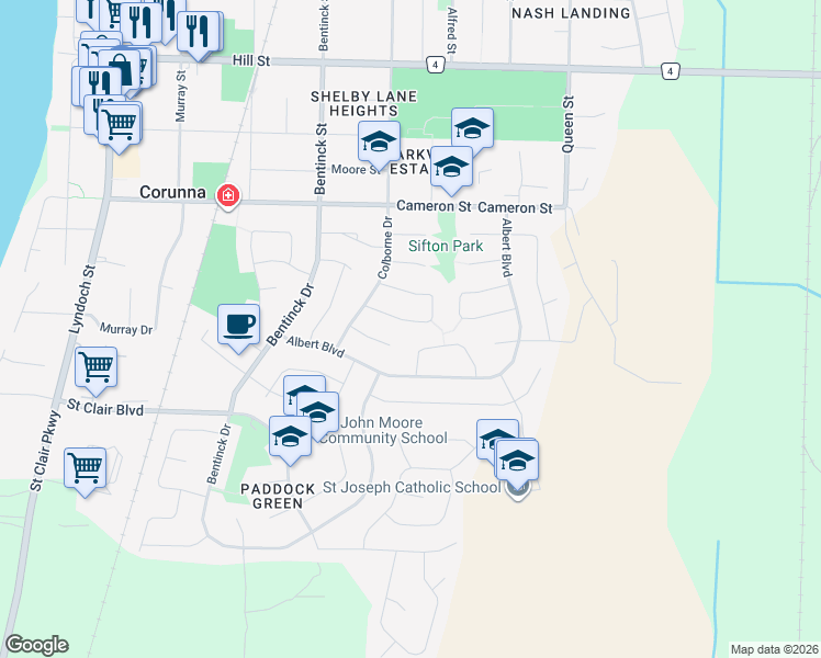 map of restaurants, bars, coffee shops, grocery stores, and more near 343 Brentwood Crescent in Corunna