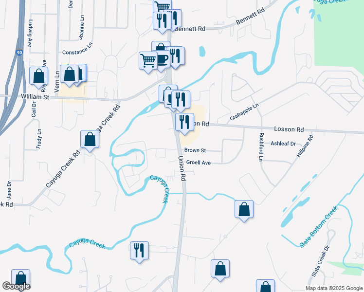 map of restaurants, bars, coffee shops, grocery stores, and more near 25 Brown Street in Cheektowaga