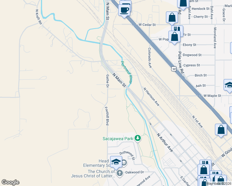 map of restaurants, bars, coffee shops, grocery stores, and more near 12900-12998 West Millward Road in Pocatello