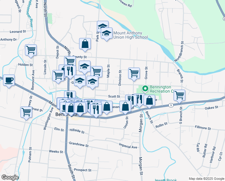map of restaurants, bars, coffee shops, grocery stores, and more near 110-198 Scott Street in Bennington