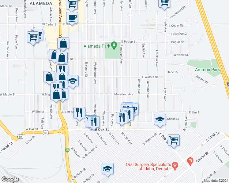 map of restaurants, bars, coffee shops, grocery stores, and more near 312 Park Avenue in Pocatello