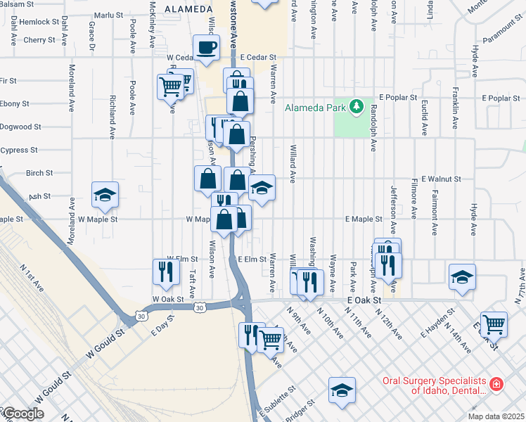 map of restaurants, bars, coffee shops, grocery stores, and more near 240 East Maple Street in Pocatello