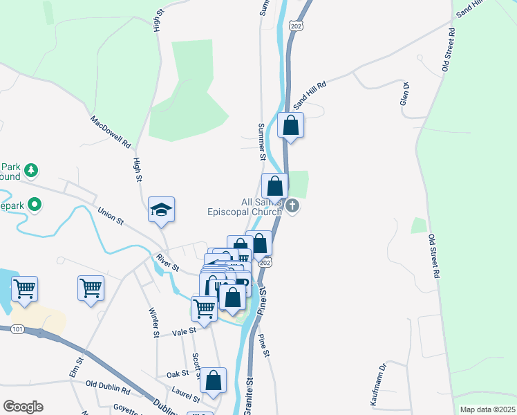 map of restaurants, bars, coffee shops, grocery stores, and more near 46 Concord Street in Peterborough