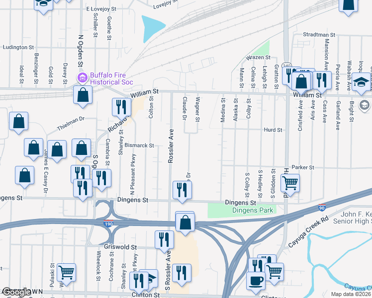 map of restaurants, bars, coffee shops, grocery stores, and more near 108 Claude Drive in Buffalo