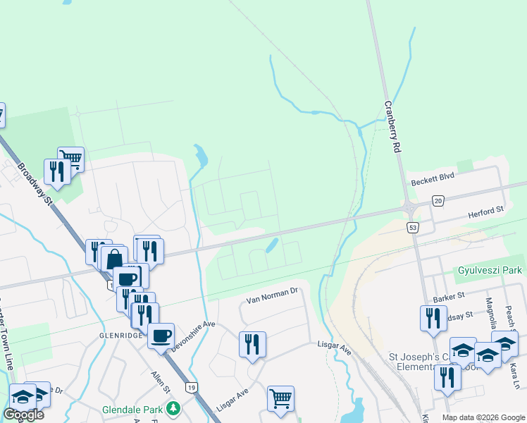 map of restaurants, bars, coffee shops, grocery stores, and more near 97 Keba Crescent in Tillsonburg