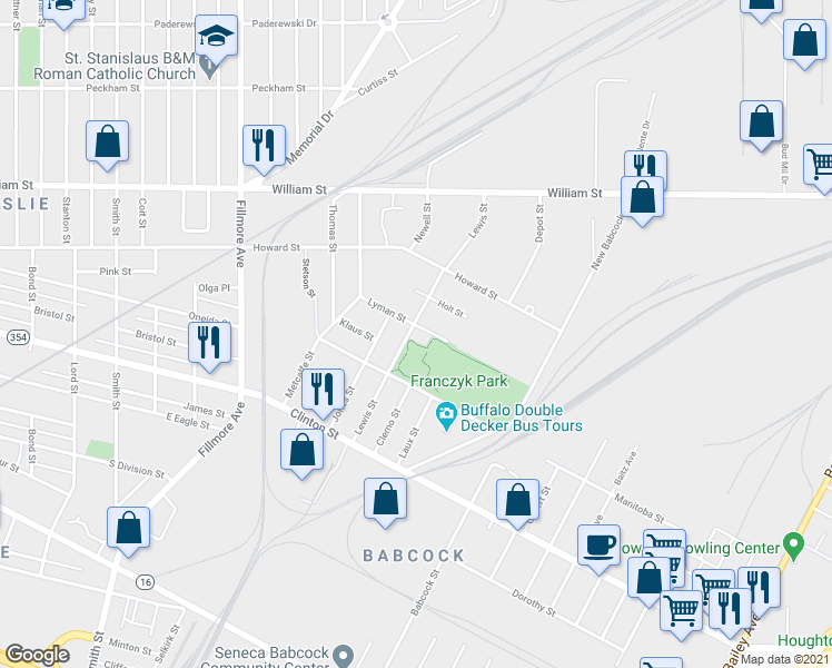 map of restaurants, bars, coffee shops, grocery stores, and more near 129 Lewis Street in Buffalo